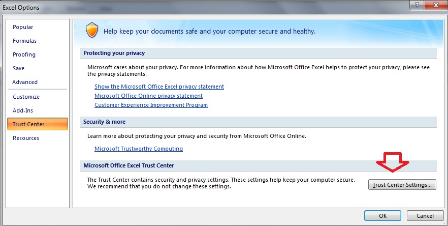 Enable Macro in Excel-Trust Center Settings