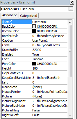 User Form - Property Window